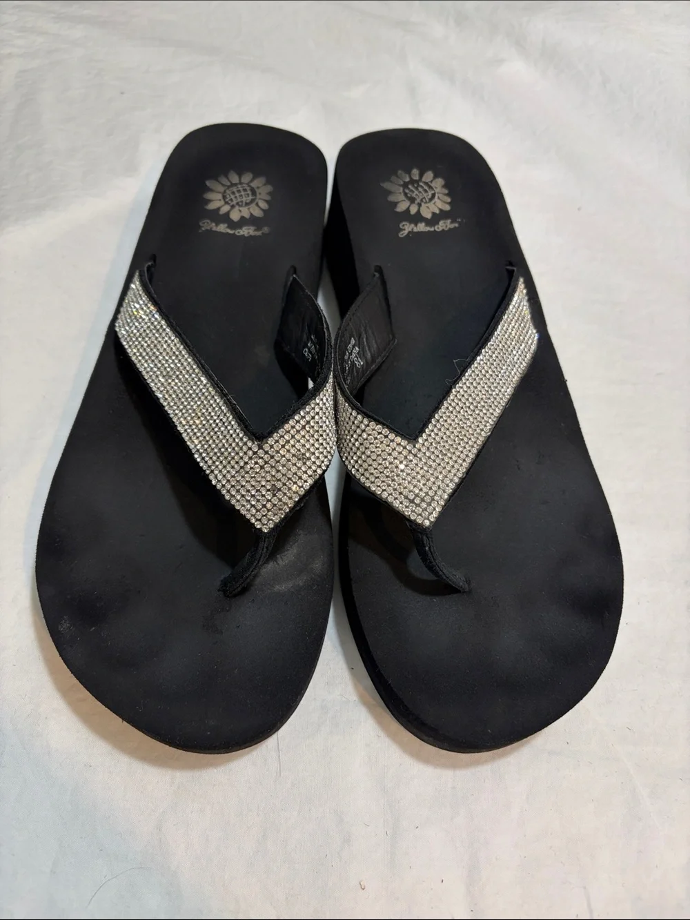 Yellow Box Black Flip Flops with Silver Rhinestone Straps - Picture 2 of 4